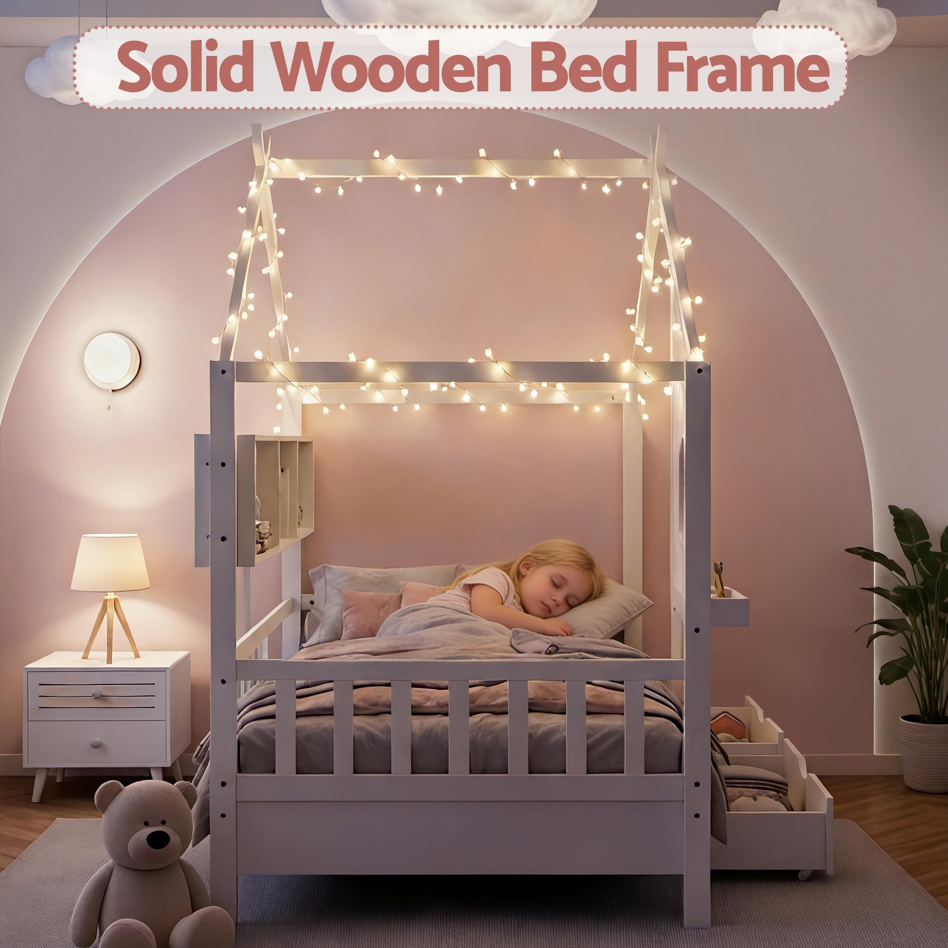 Artiss Kids Single Bed Frame with 3 Storage Bookcase & 2 Drawers House Bed Solid Wood Montessori Bed Easy Assembly White - Homecoze