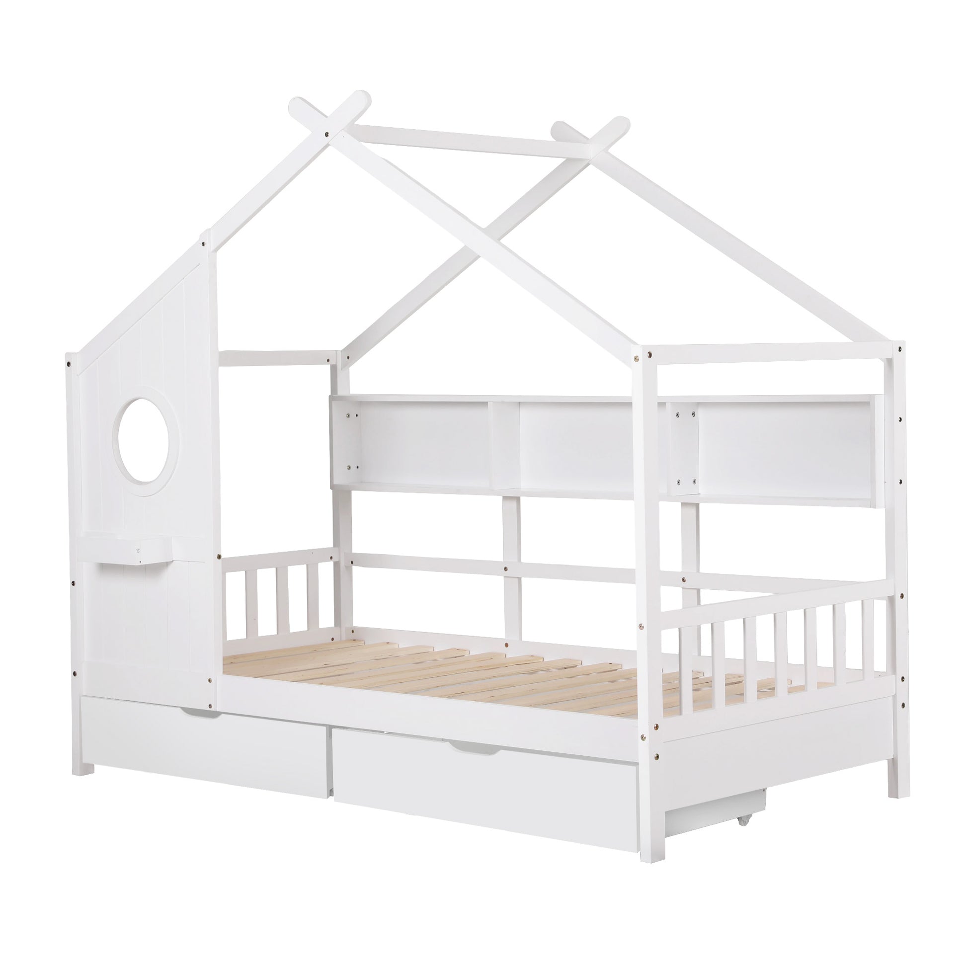 Artiss Kids Single Bed Frame with 3 Storage Bookcase & 2 Drawers House Bed Solid Wood Montessori Bed Easy Assembly White - Homecoze
