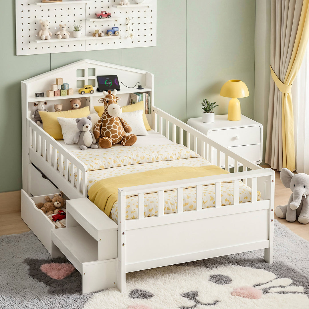 Luca (Single) Kids Wooden Bed Frame - White