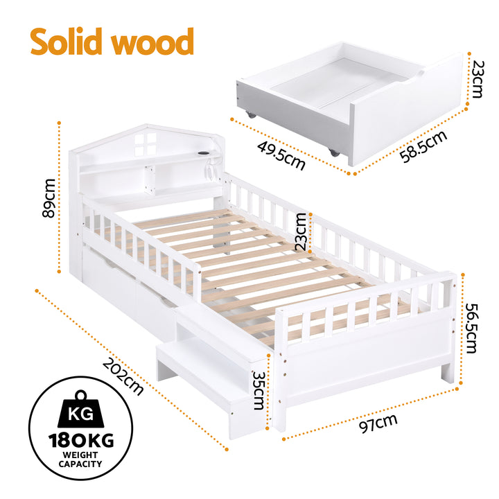 Luca (Single) Kids Wooden Bed Frame - White