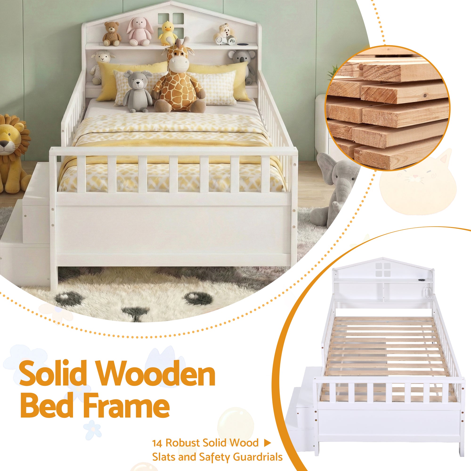 Luca (Single) Kids Wooden Bed Frame - White - Homecoze