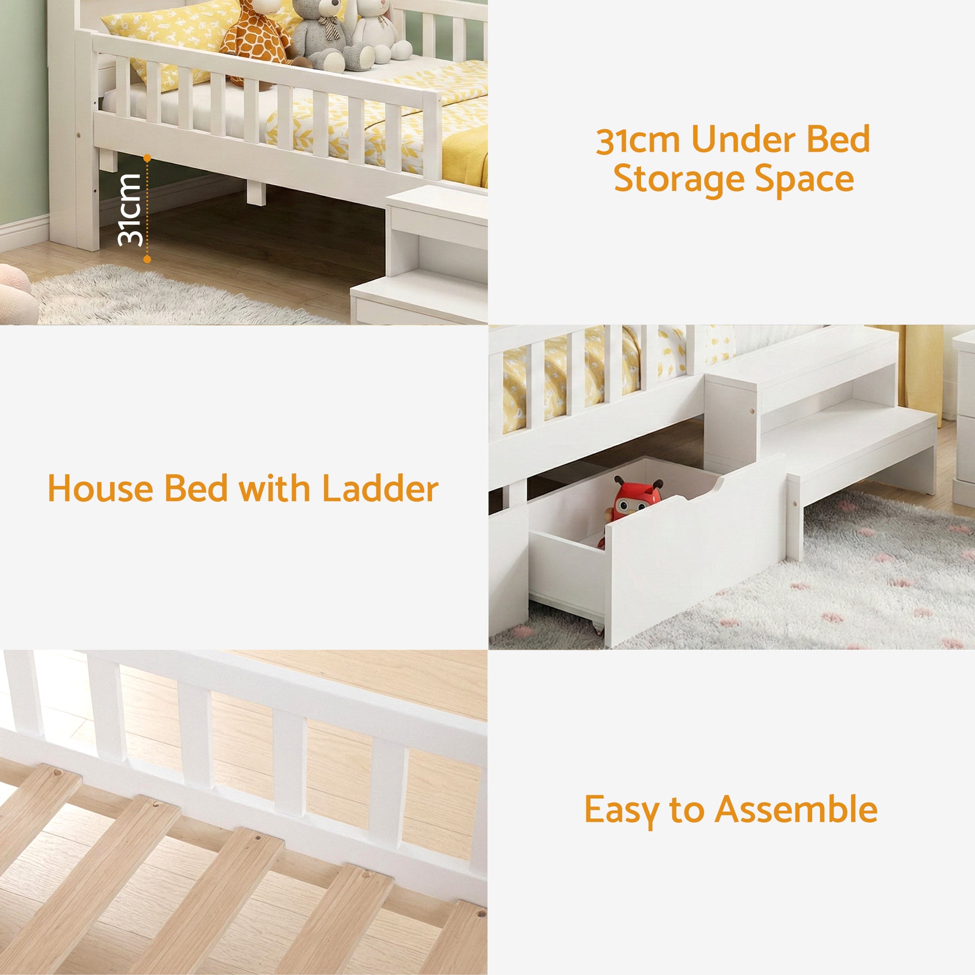 Luca (Single) Kids Wooden Bed Frame - White - Homecoze