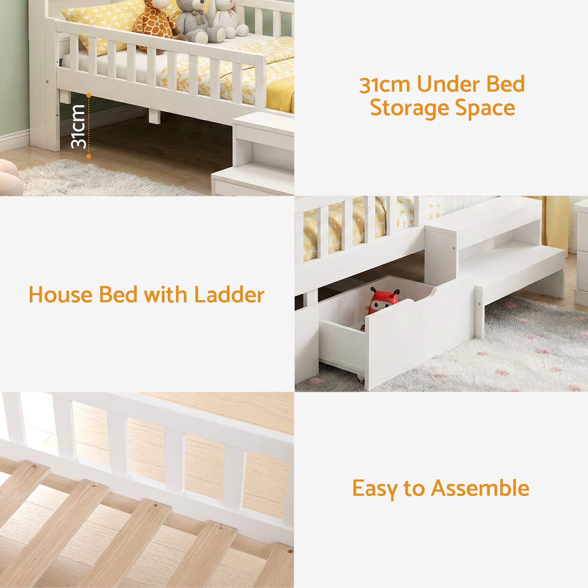Luca (Single) Kids Wooden Bed Frame - White - Homecoze