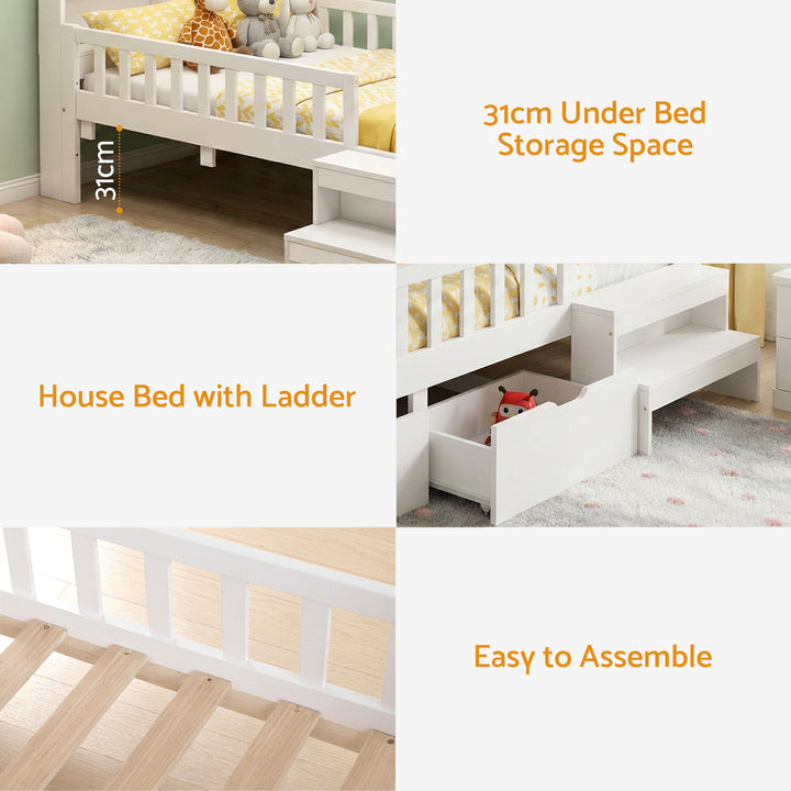 Luca (Single) Kids Wooden Bed Frame - White