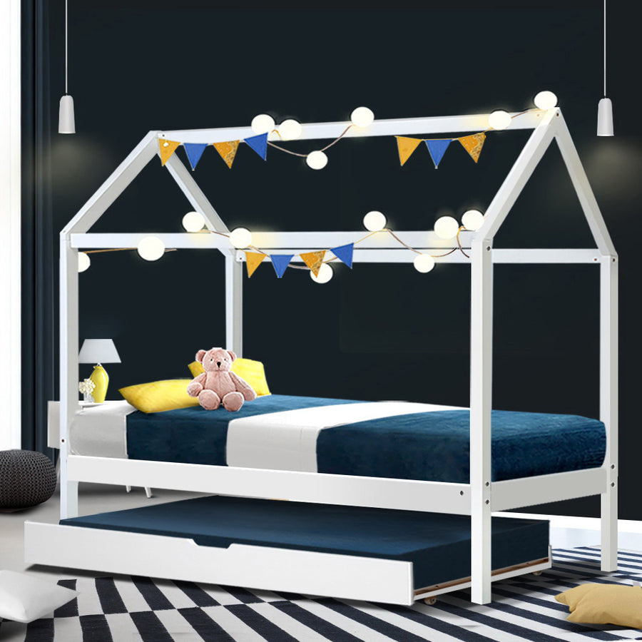Oscar (Single) Kids Wooden House Trundle Bed Frame - White - Homecoze
