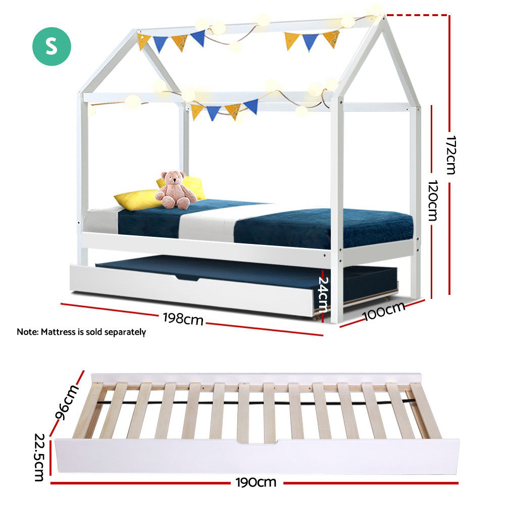 Oscar (Single) Kids Wooden House Trundle Bed Frame - White - Homecoze