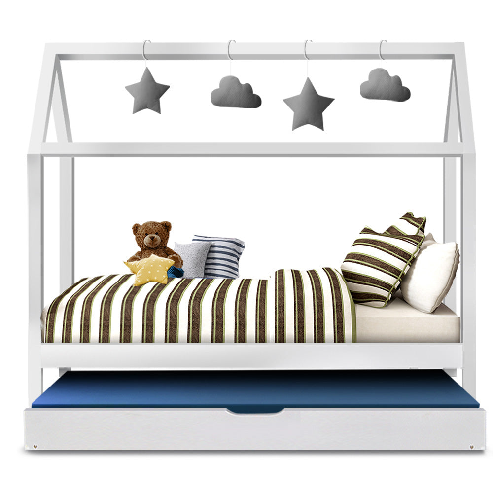 Oscar (Single) Kids Wooden House Trundle Bed Frame - White - Homecoze