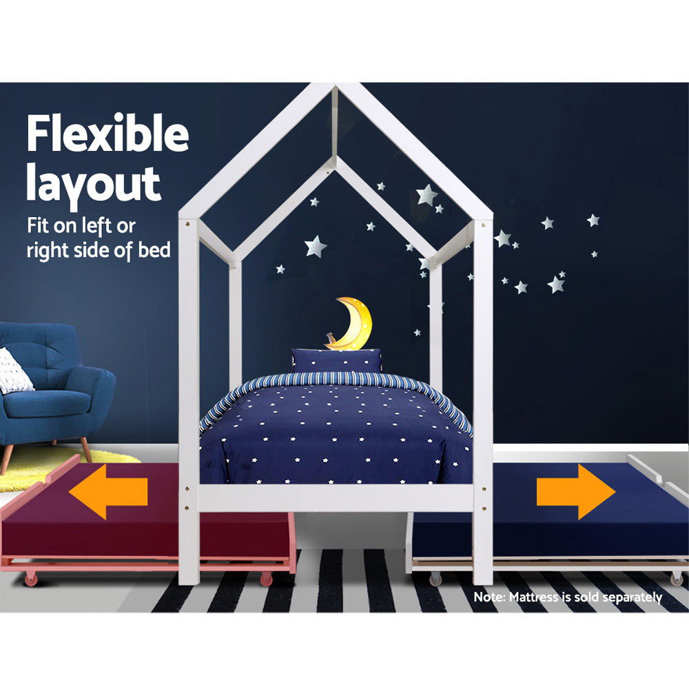 Oscar (Single) Kids Wooden House Trundle Bed Frame - White - Homecoze