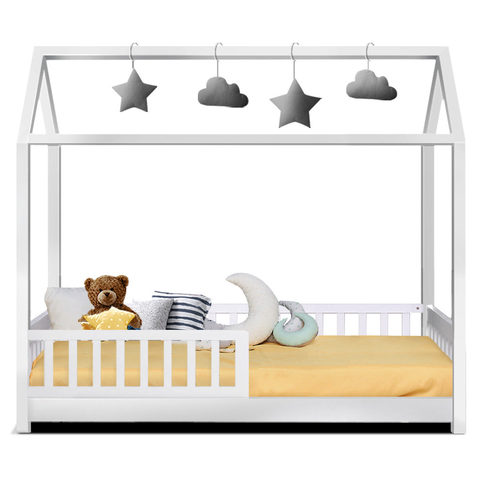 Leo (Single) Kids Wooden House Bed Frame - White - Homecoze