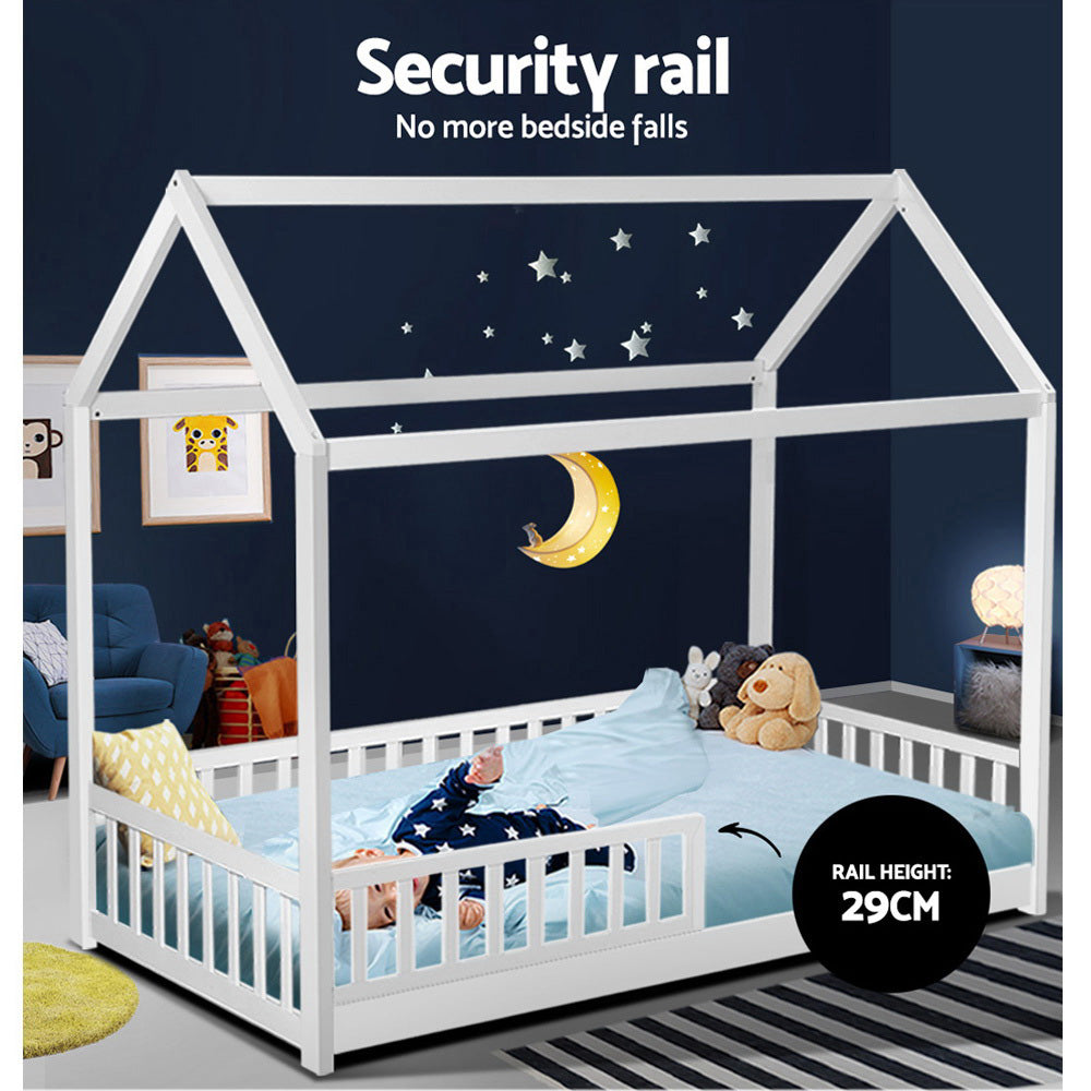 Leo (Single) Kids Wooden House Bed Frame - White - Homecoze