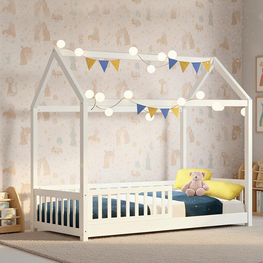Leo (Single) Kids Wooden House Bed Frame - White - Homecoze