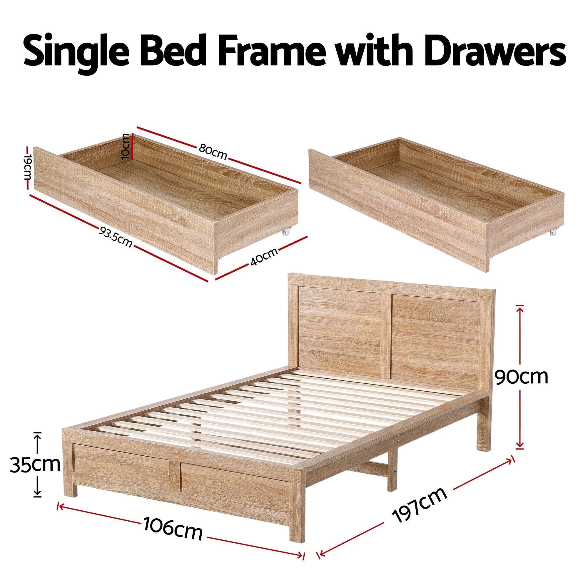 Elko (Single) Wooden Storage Bed Frame - Oak