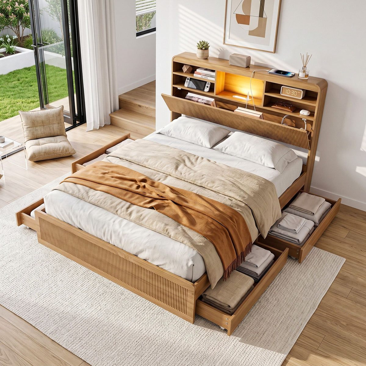 Elva (Double) Fluted Storage Bed Frame – Natural
