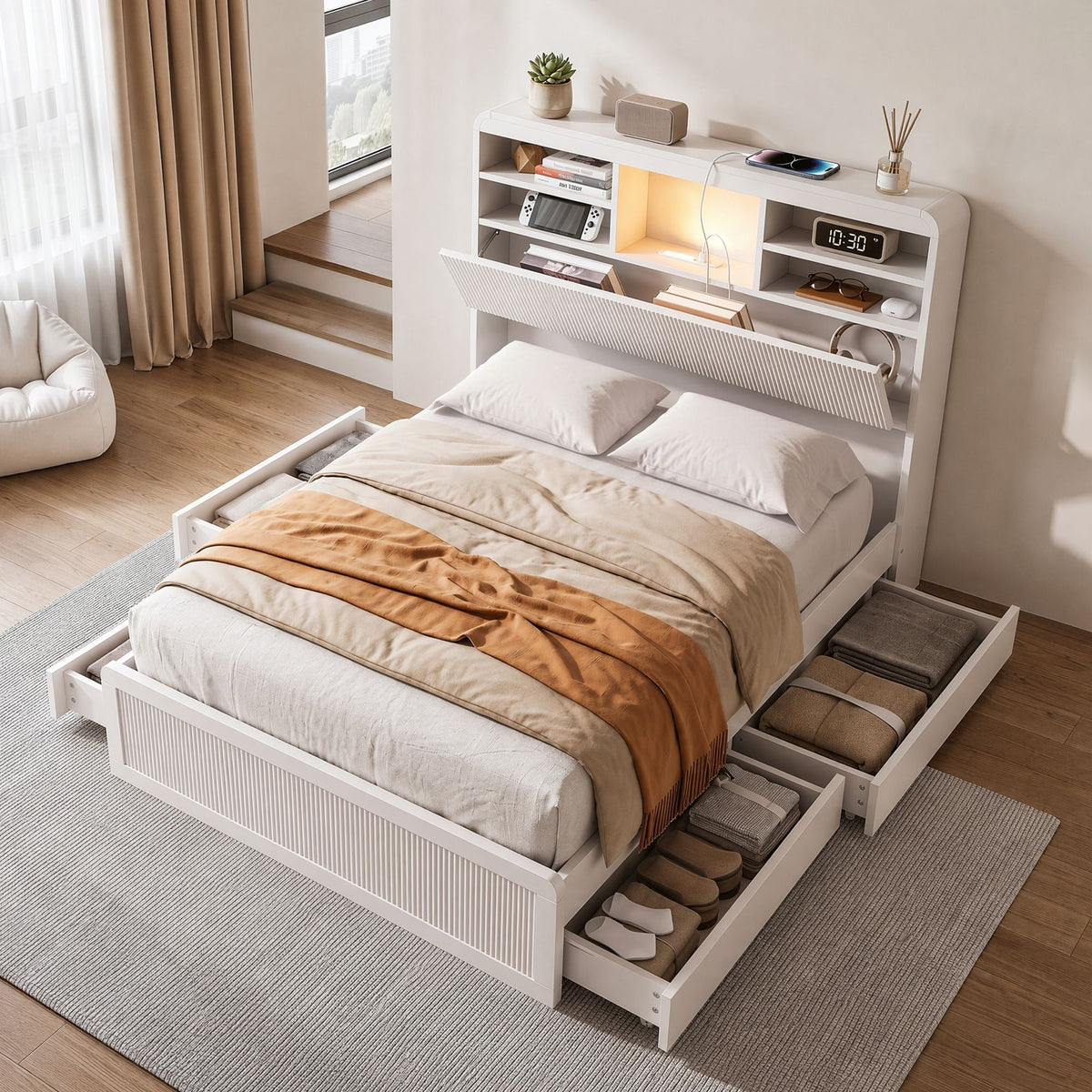 Elva (King Single) Fluted Storage Bed Frame – White