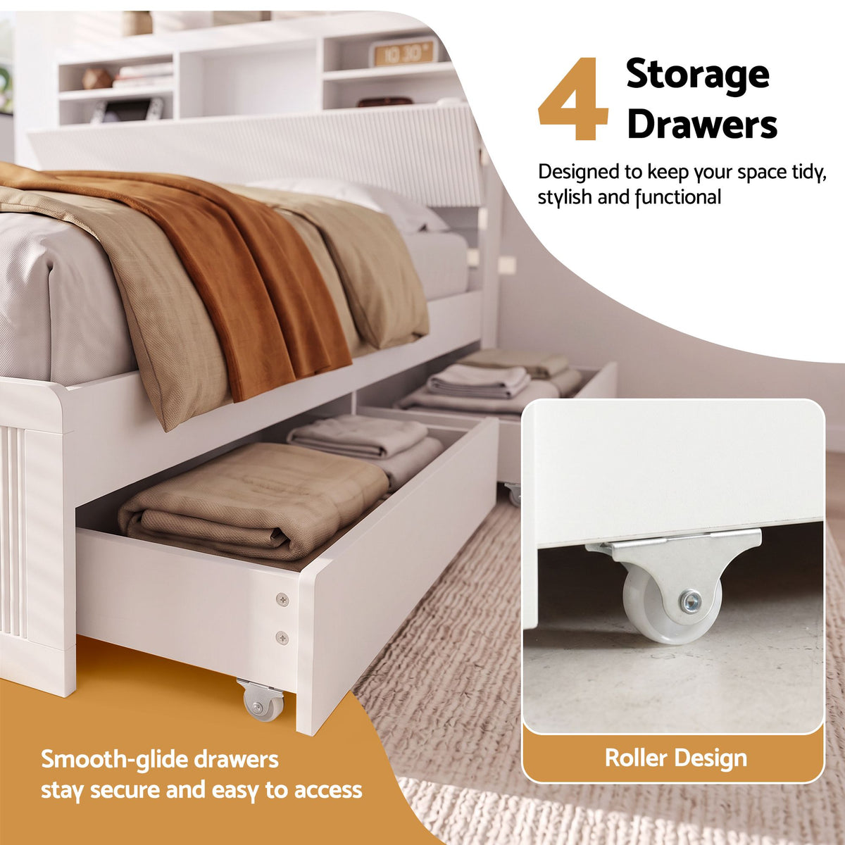 Elva (King Single) Fluted Storage Bed Frame – White