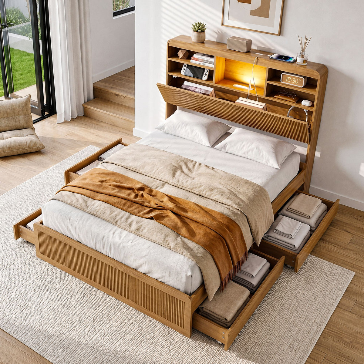 Elva (King Single) Fluted Storage Bed Frame – Natural