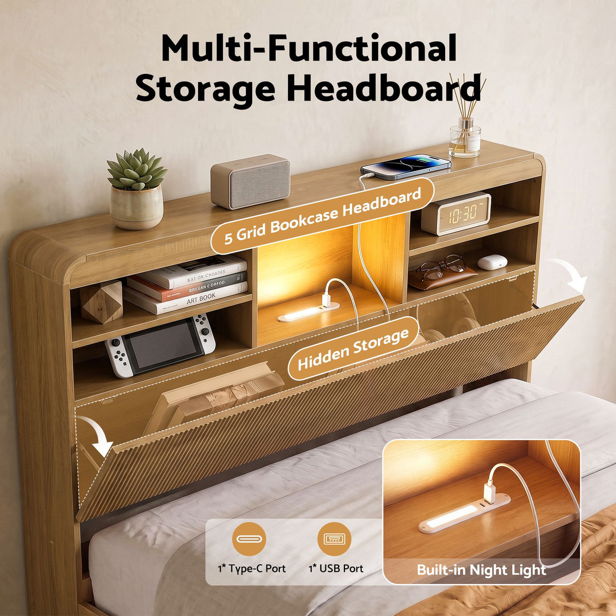 Elva (King Single) Fluted Storage Bed Frame – Natural