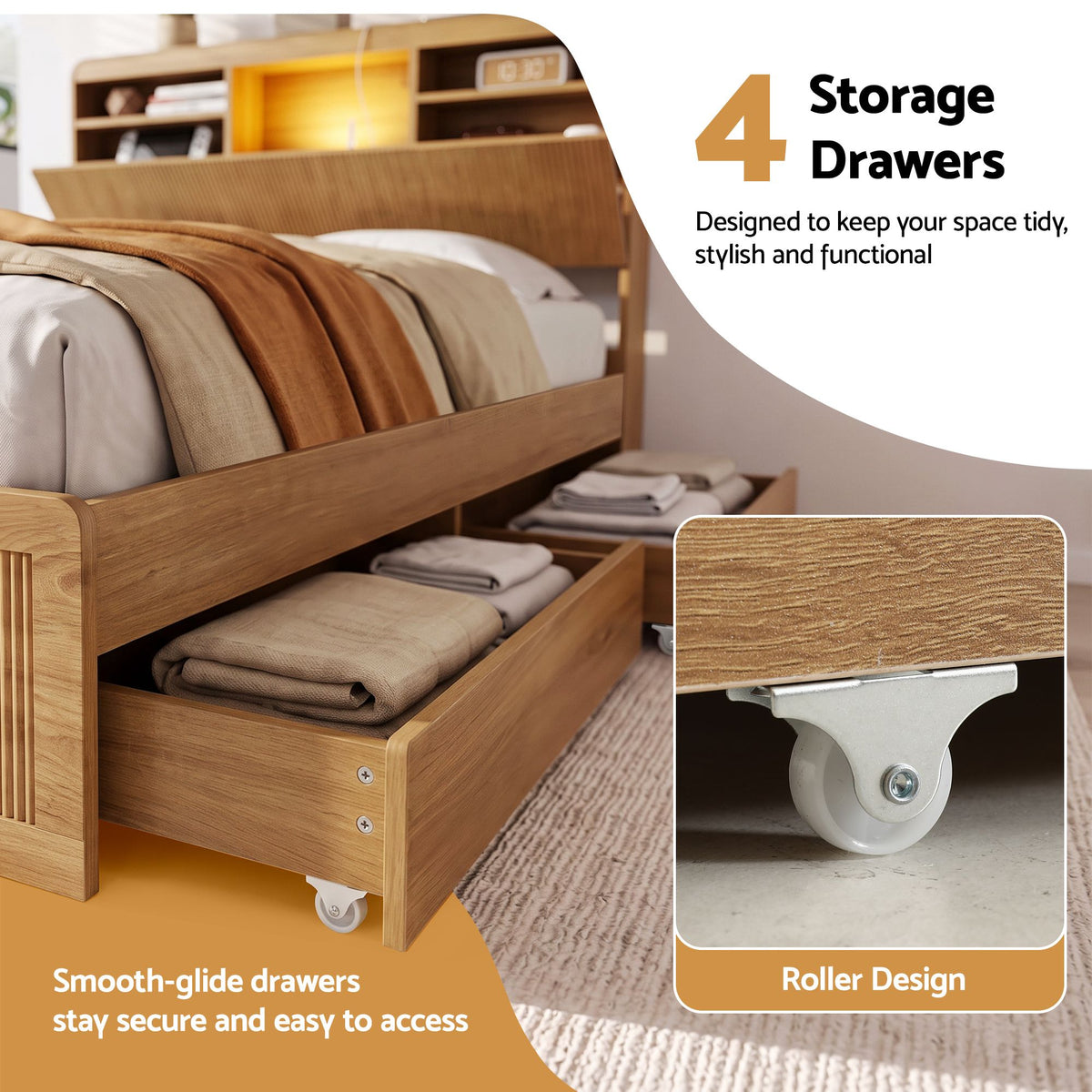 Elva (King Single) Fluted Storage Bed Frame – Natural