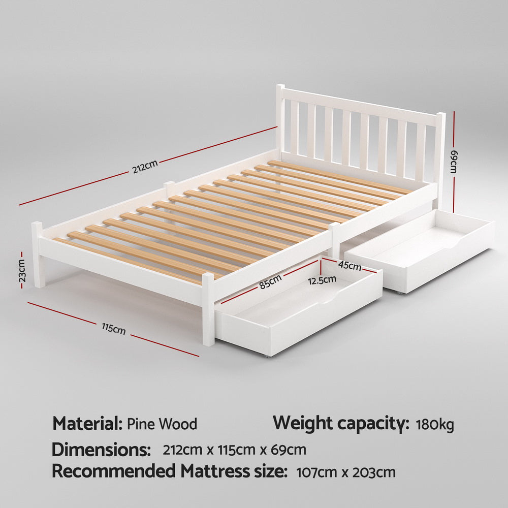 Artiss Bed Frame King Single Size Wooden Platform with 2 Storage Drawers White - Homecoze