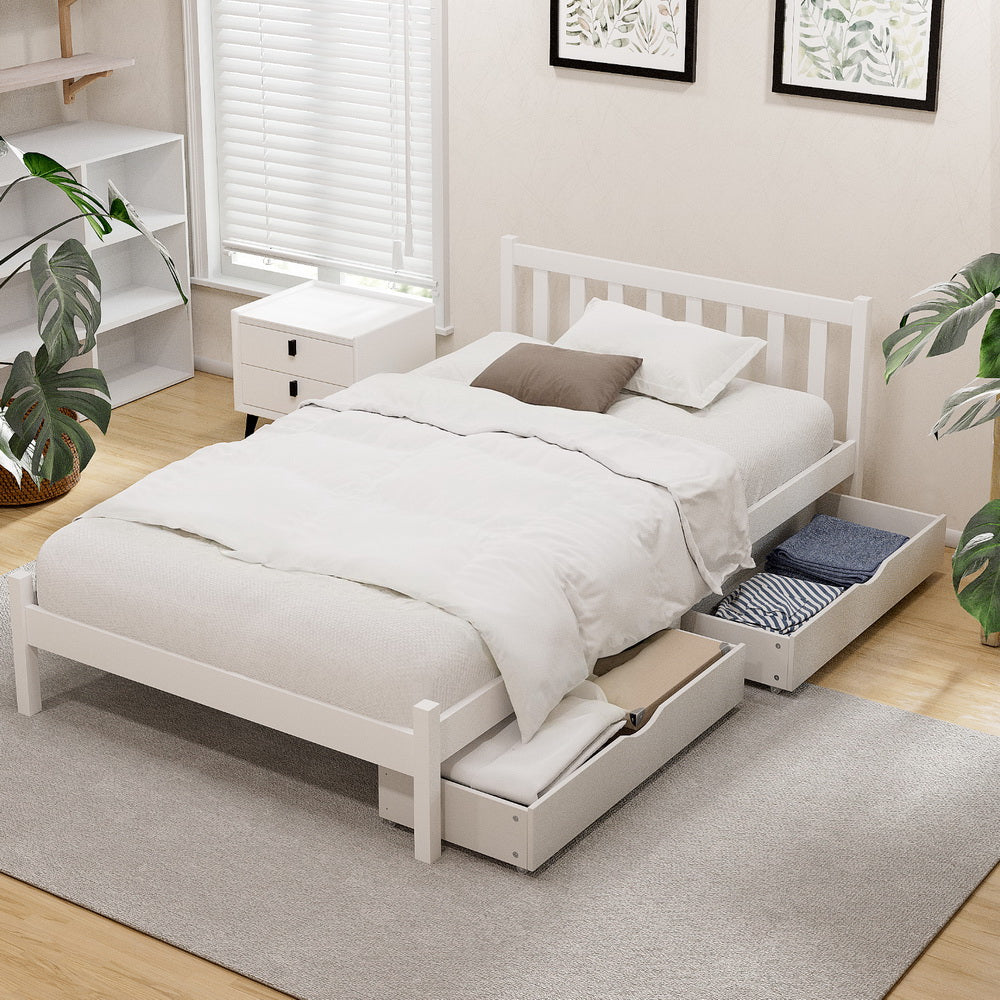 Artiss Bed Frame King Single Size Wooden Platform with 2 Storage Drawers White - Homecoze
