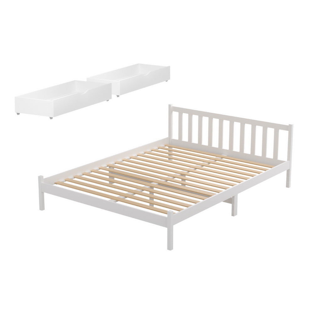 Artiss Bed Frame Queen Size Wooden Platform with 2 Storage Drawers White - Homecoze