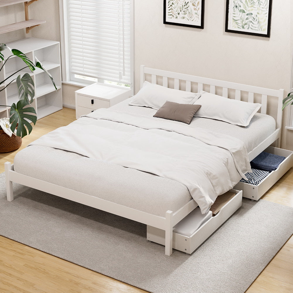 Artiss Bed Frame Queen Size Wooden Platform with 2 Storage Drawers White - Homecoze