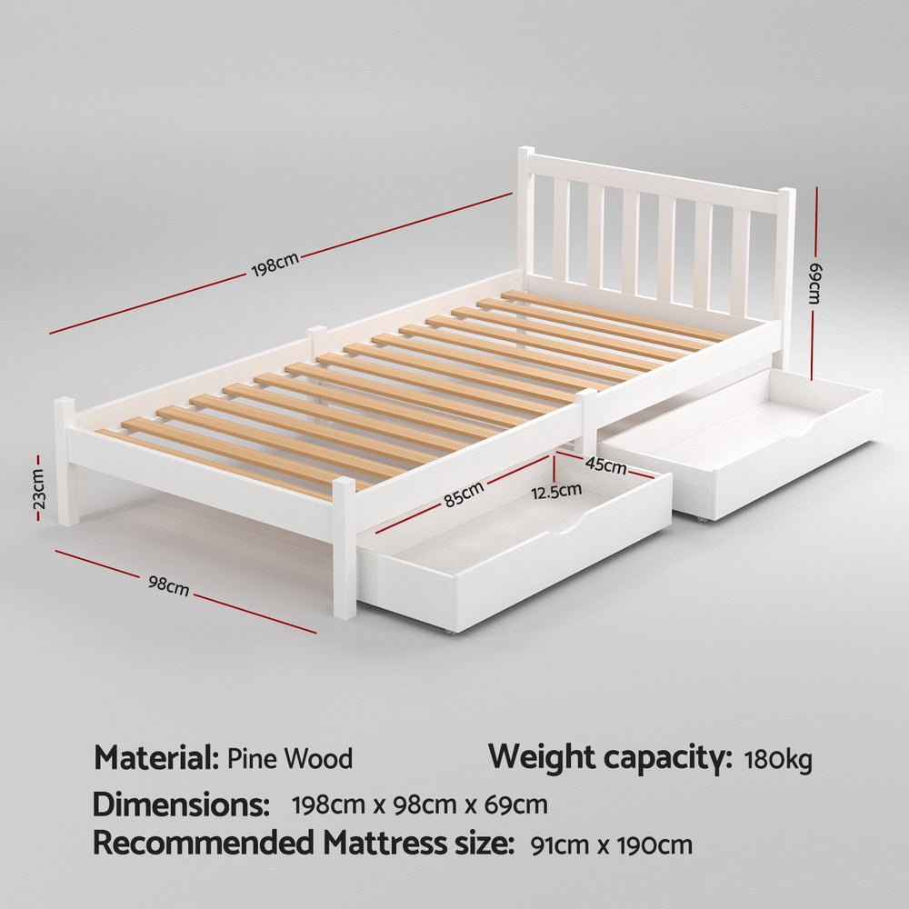 Artiss Bed Frame Single Size Wooden Platform with 2 Storage Drawers White SOFIE - Homecoze