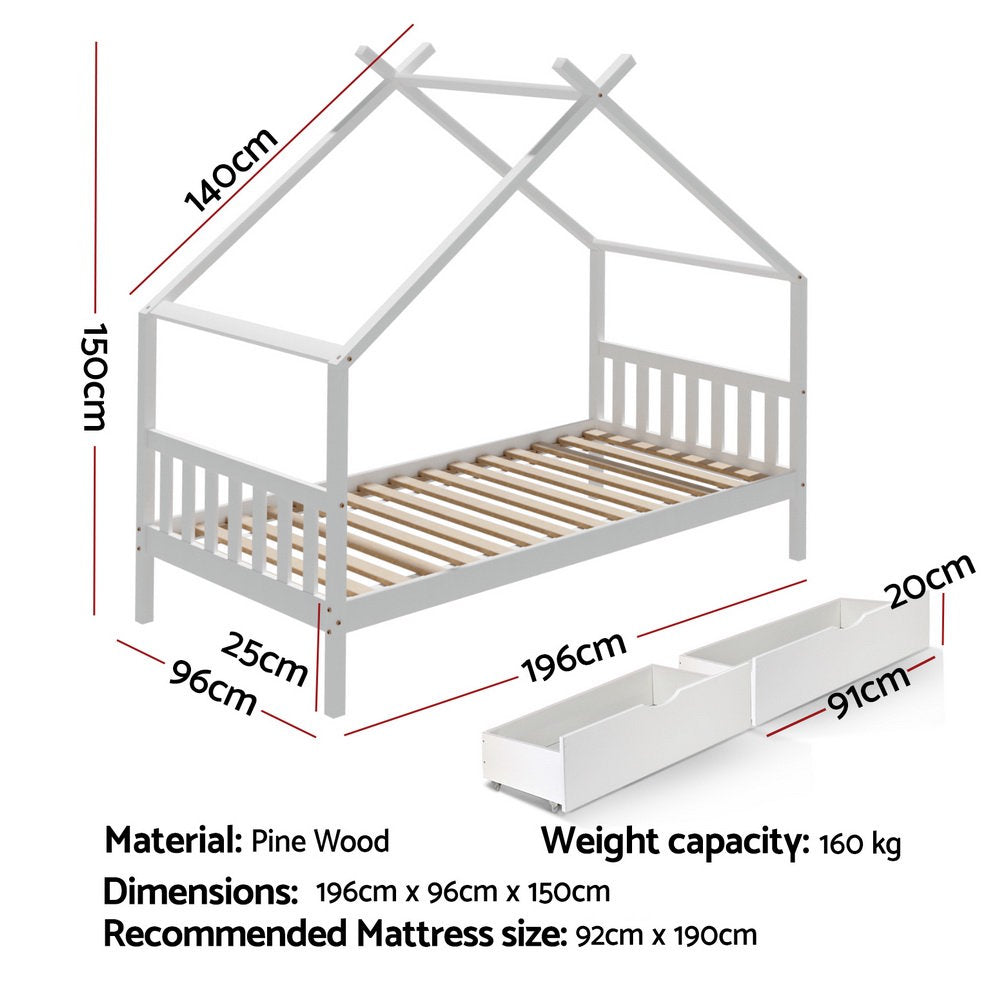 Theo (Single) Kids House Bed Frame with Drawers - White - Homecoze