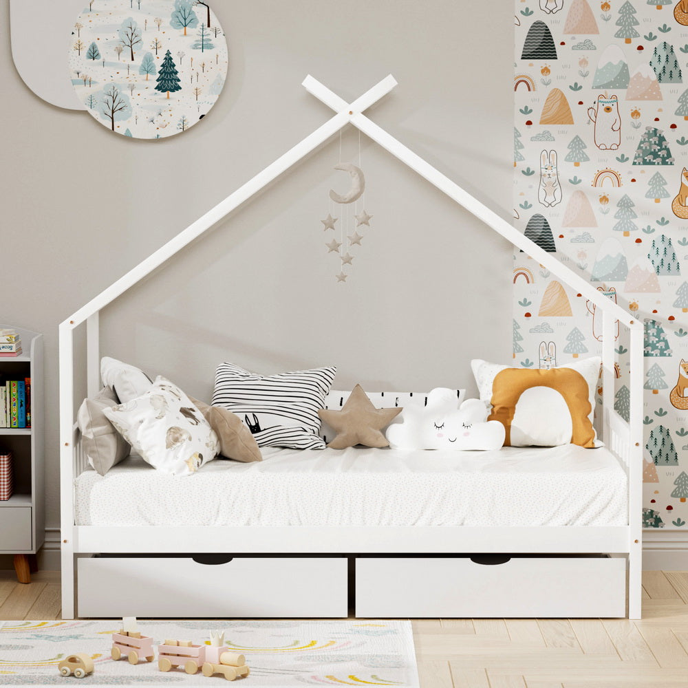 Theo (Single) Kids Wooden Teepee Bed Frame - White - Homecoze