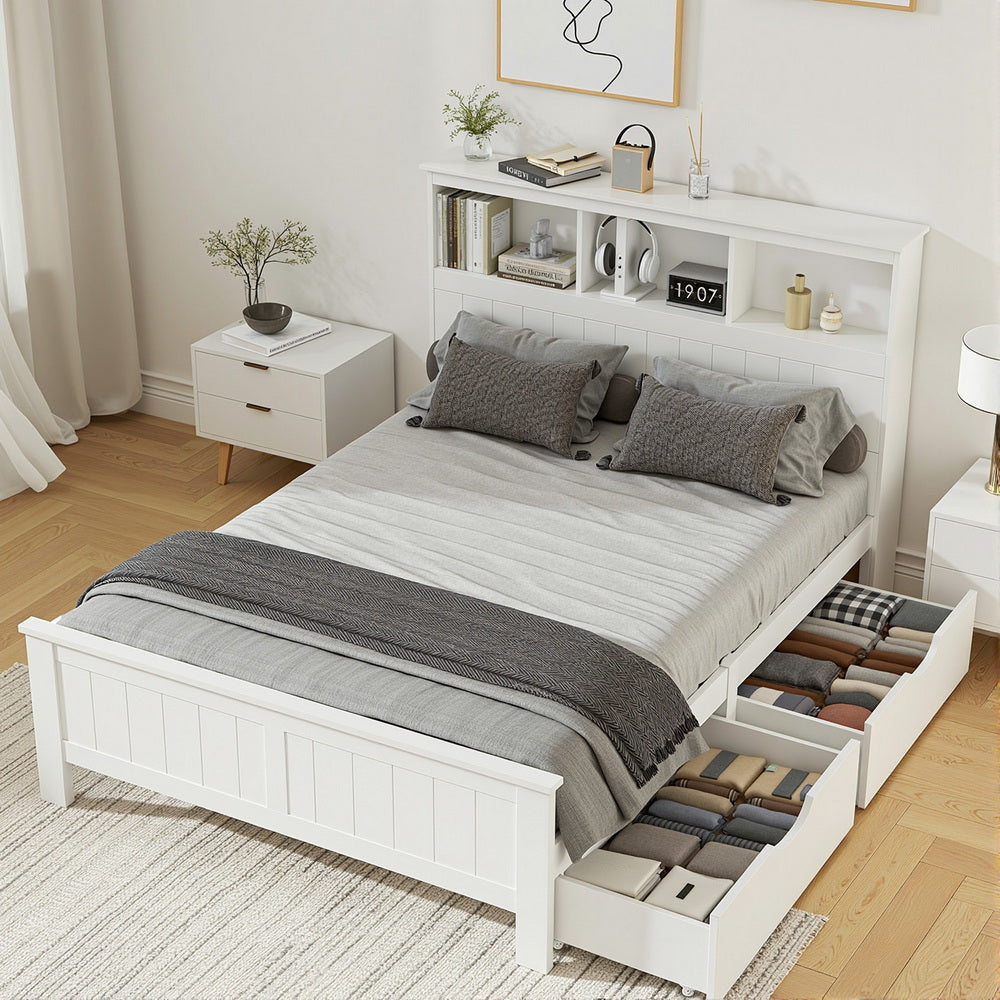 Tate (Double) Bed Frame with Drawers - White - Homecoze