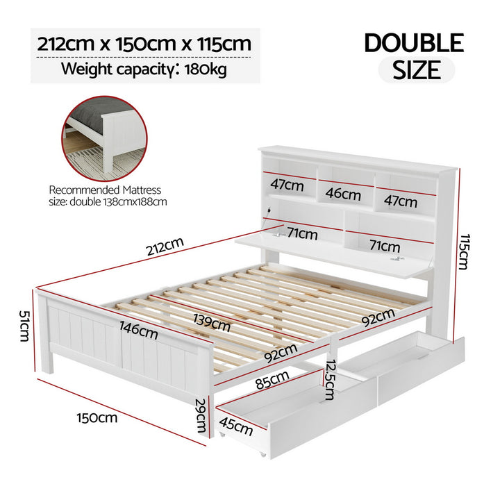 Tate (Double) Bed Frame with Drawers - White - Homecoze