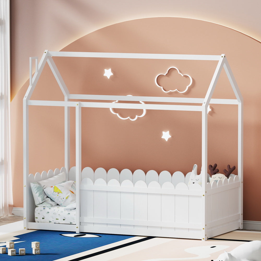 Ellis (Single) Kids Wooden House Bed Frame - White - Homecoze