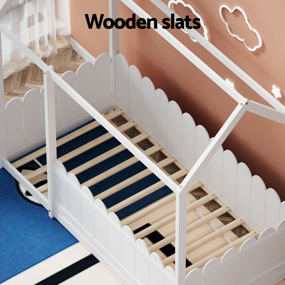 Ellis (Single) Kids Wooden House Bed Frame - White - Homecoze