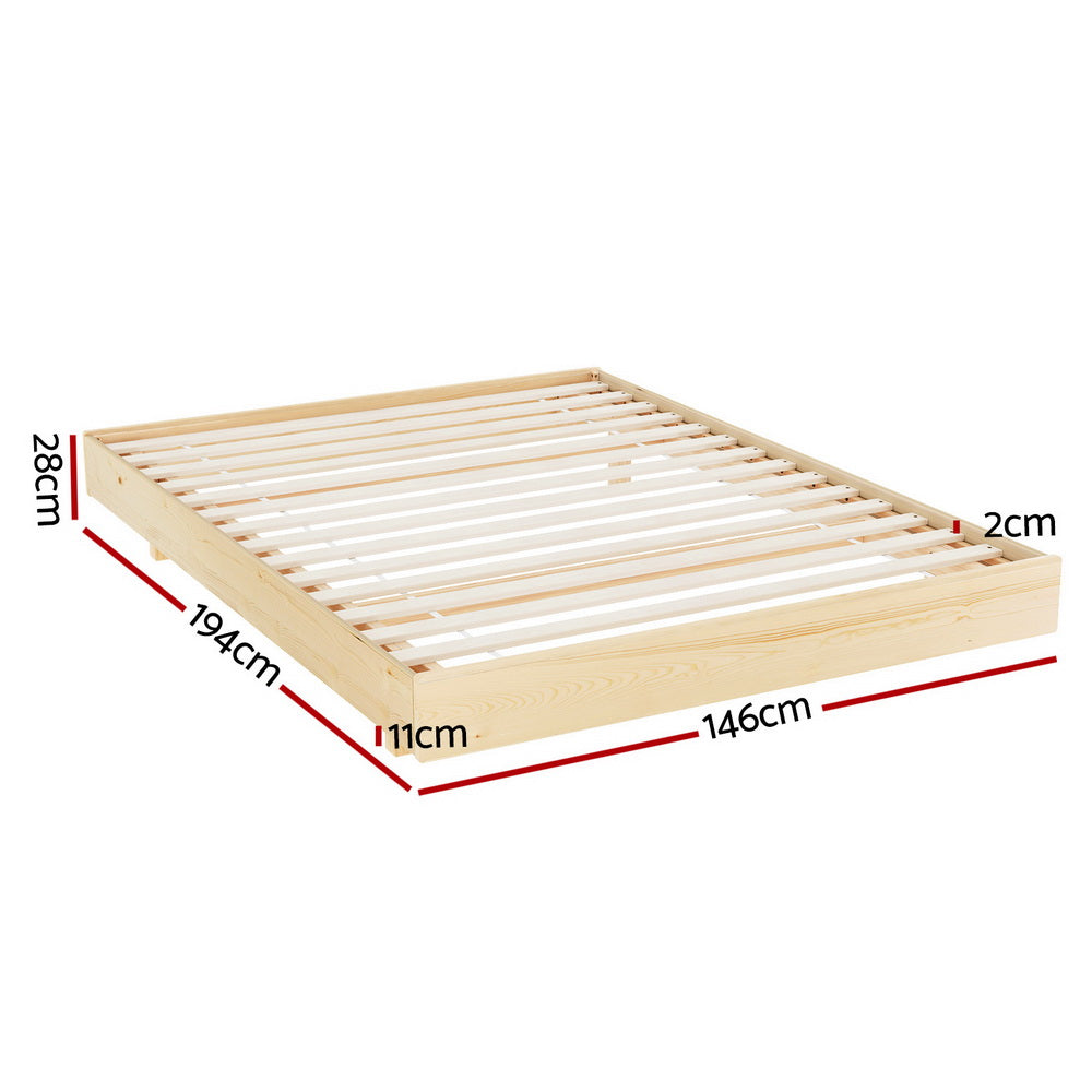 Double Floating Bed Frame Modern Wooden Mattress Base with LED Lights - Pine