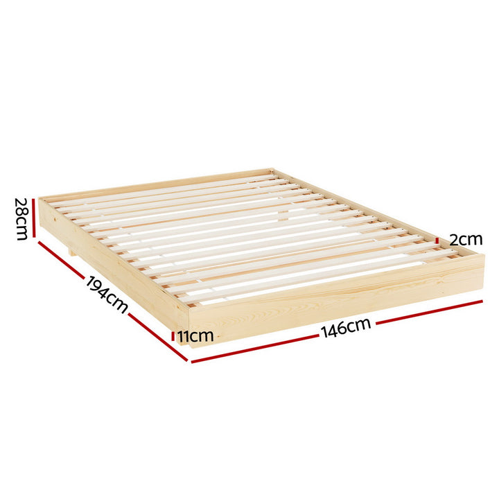 Double Floating Bed Frame Modern Wooden Mattress Base with LED Lights - Pine