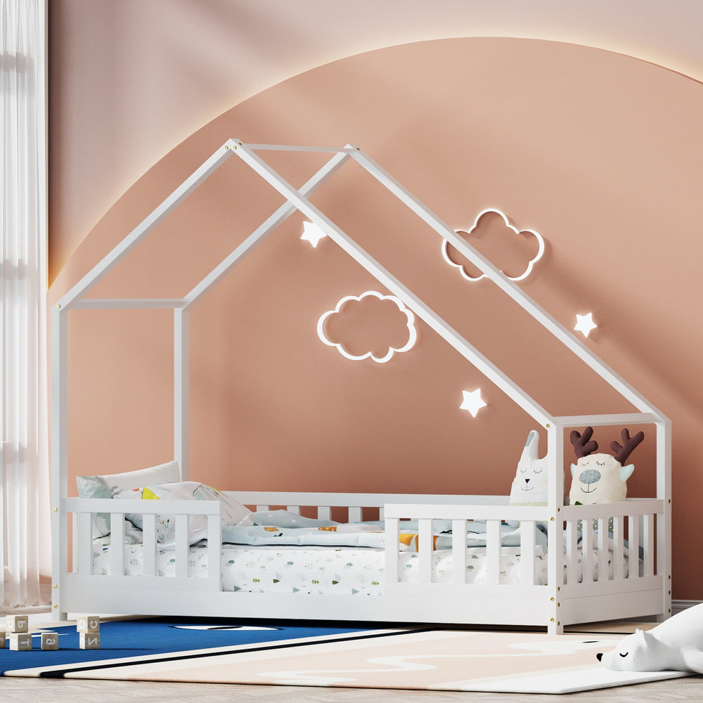 Sophie (Single) Kids Wooden House Bed Frame - White - Homecoze