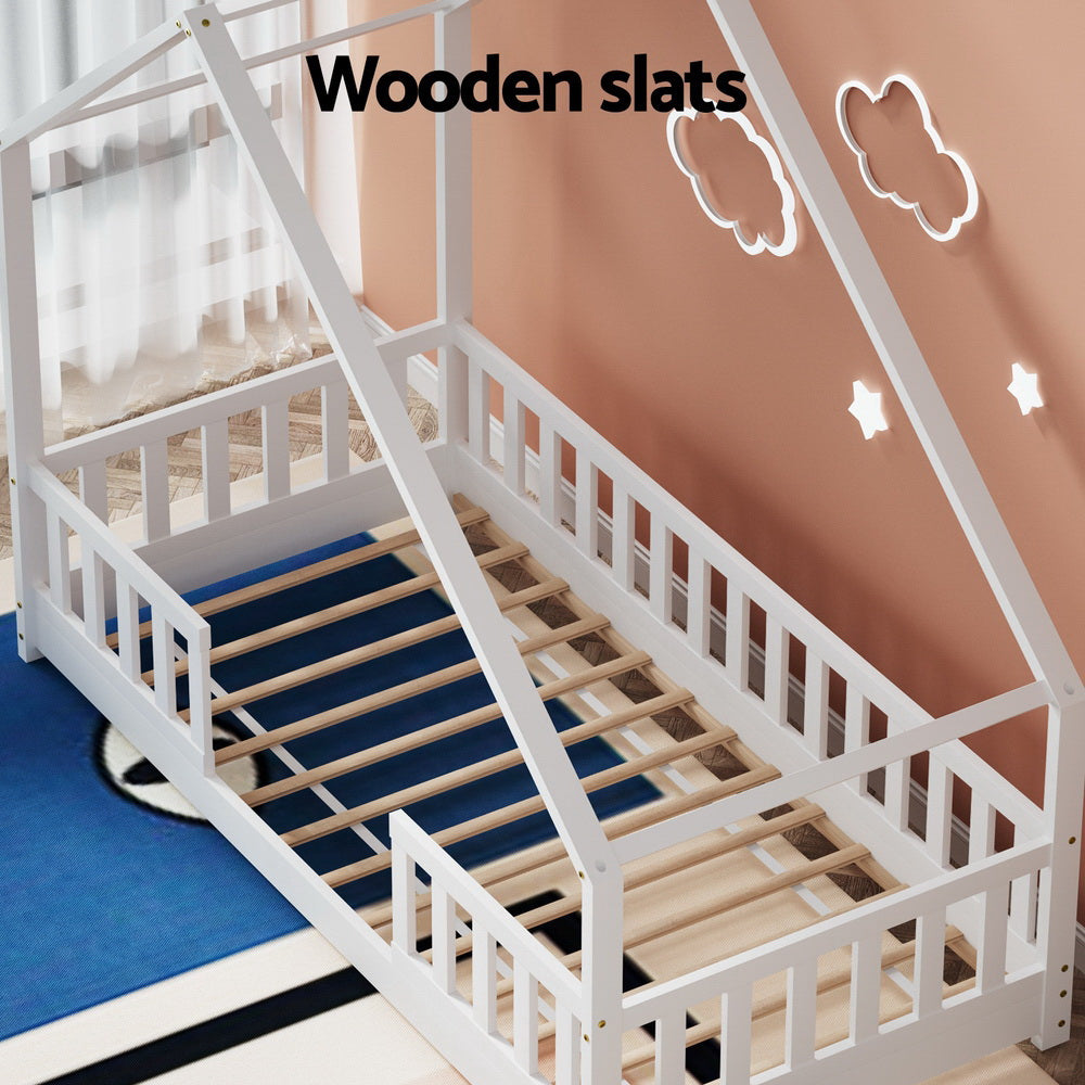 Sophie (Single) Kids Wooden House Bed Frame - White - Homecoze
