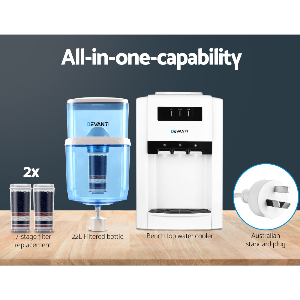 22L Bench Top Water Cooler Dispenser Three Tap Hot/Cold/Room Temp with 2 Purifier Filter Elements - Homecoze