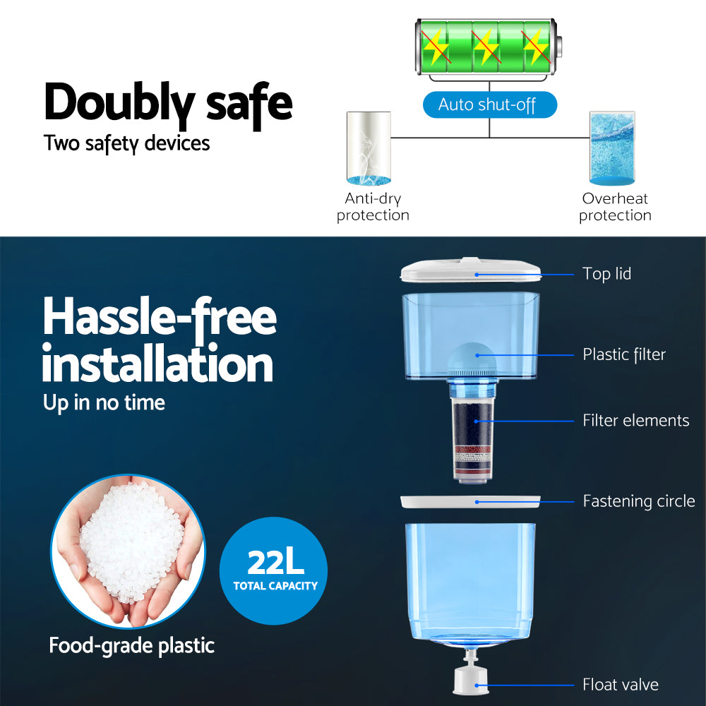 22L Bench Top Water Cooler Dispenser Three Tap Hot/Cold/Room Temp with 2 Purifier Filter Elements - Homecoze