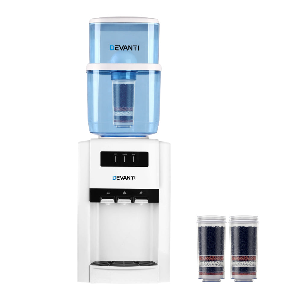 22L Bench Top Water Cooler Dispenser Three Tap Hot/Cold/Room Temp with 2 Purifier Filter Elements - Homecoze