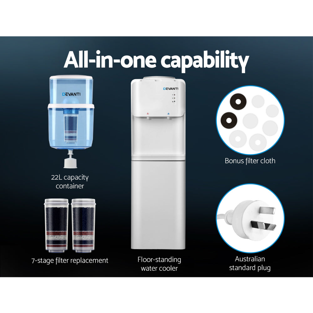 22L Standing Water Cooler Dispenser Two Tap Hot/Cold with 2 Purifier Filter Elements - Homecoze