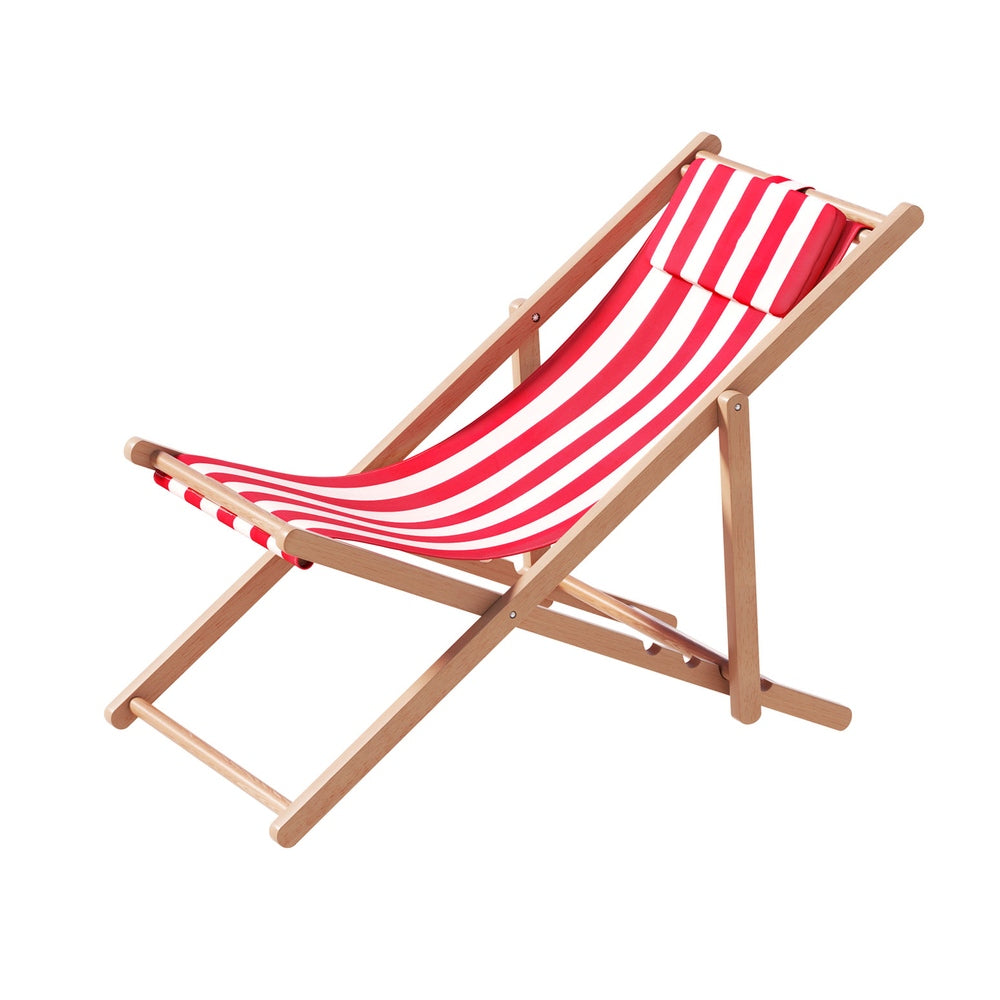 Folding Wooden Beach Chair - Red & White - Homecoze