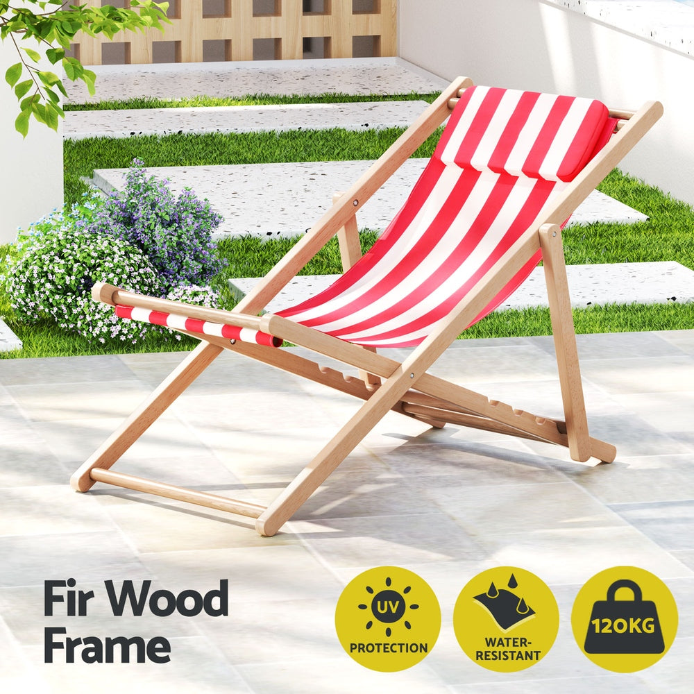 Folding Wooden Beach Chair - Red & White - Homecoze
