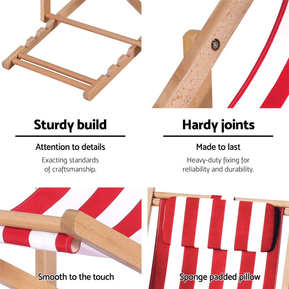 Folding Wooden Beach Chair - Red & White - Homecoze