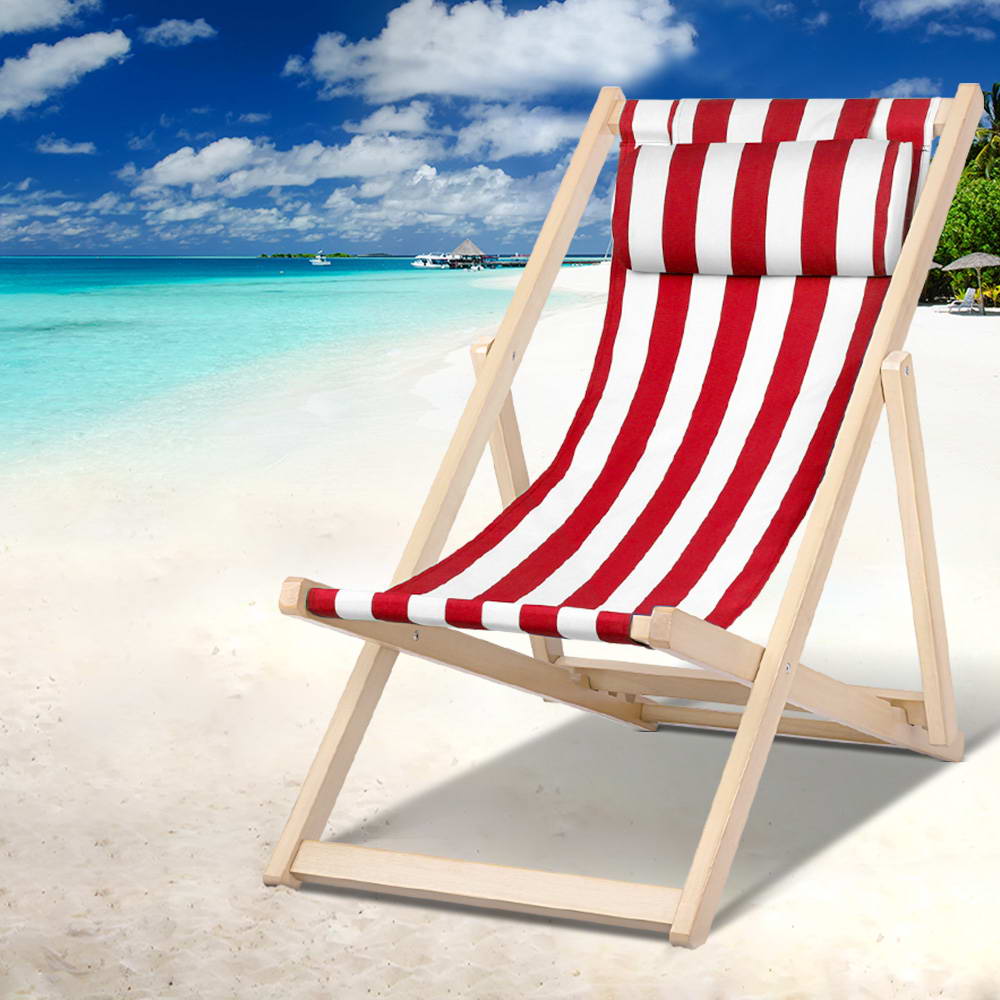 Folding Wooden Beach Chair - Red & White - Homecoze