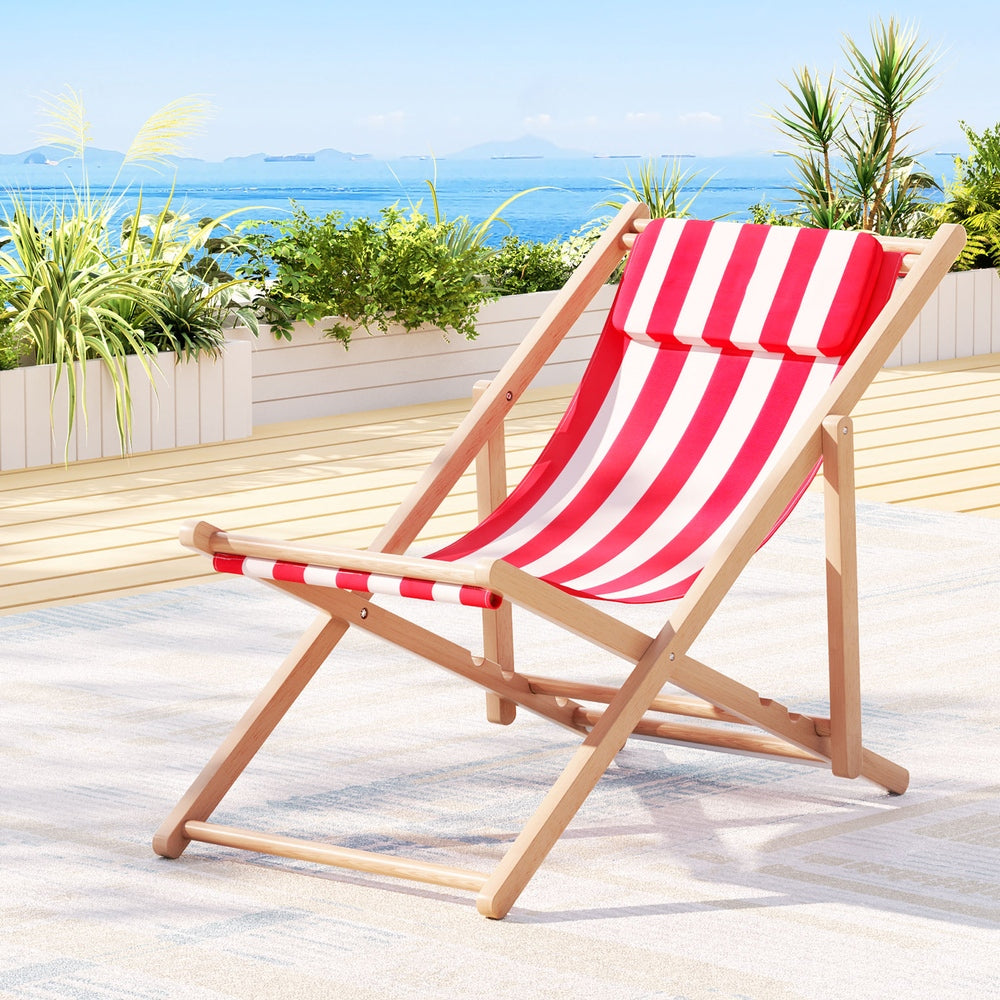 Folding Wooden Beach Chair - Red & White - Homecoze