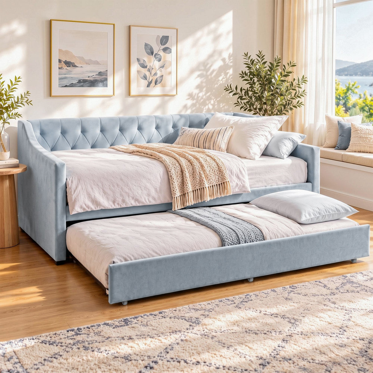 Artiss King Single Buttonless Tufted Daybed with Pull-Out Trundle, Light Blue - Homecoze