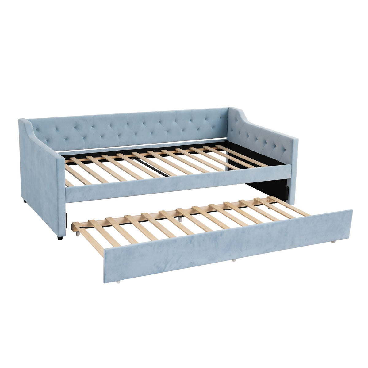 Artiss King Single Buttonless Tufted Daybed with Pull-Out Trundle, Light Blue - Homecoze