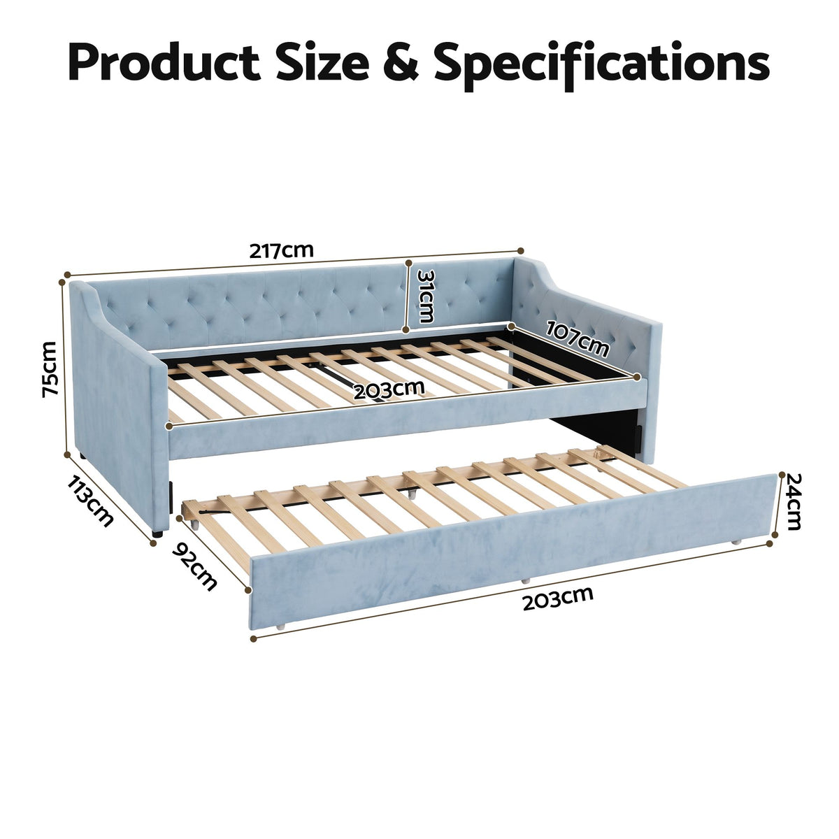 Artiss King Single Buttonless Tufted Daybed with Pull-Out Trundle, Light Blue - Homecoze