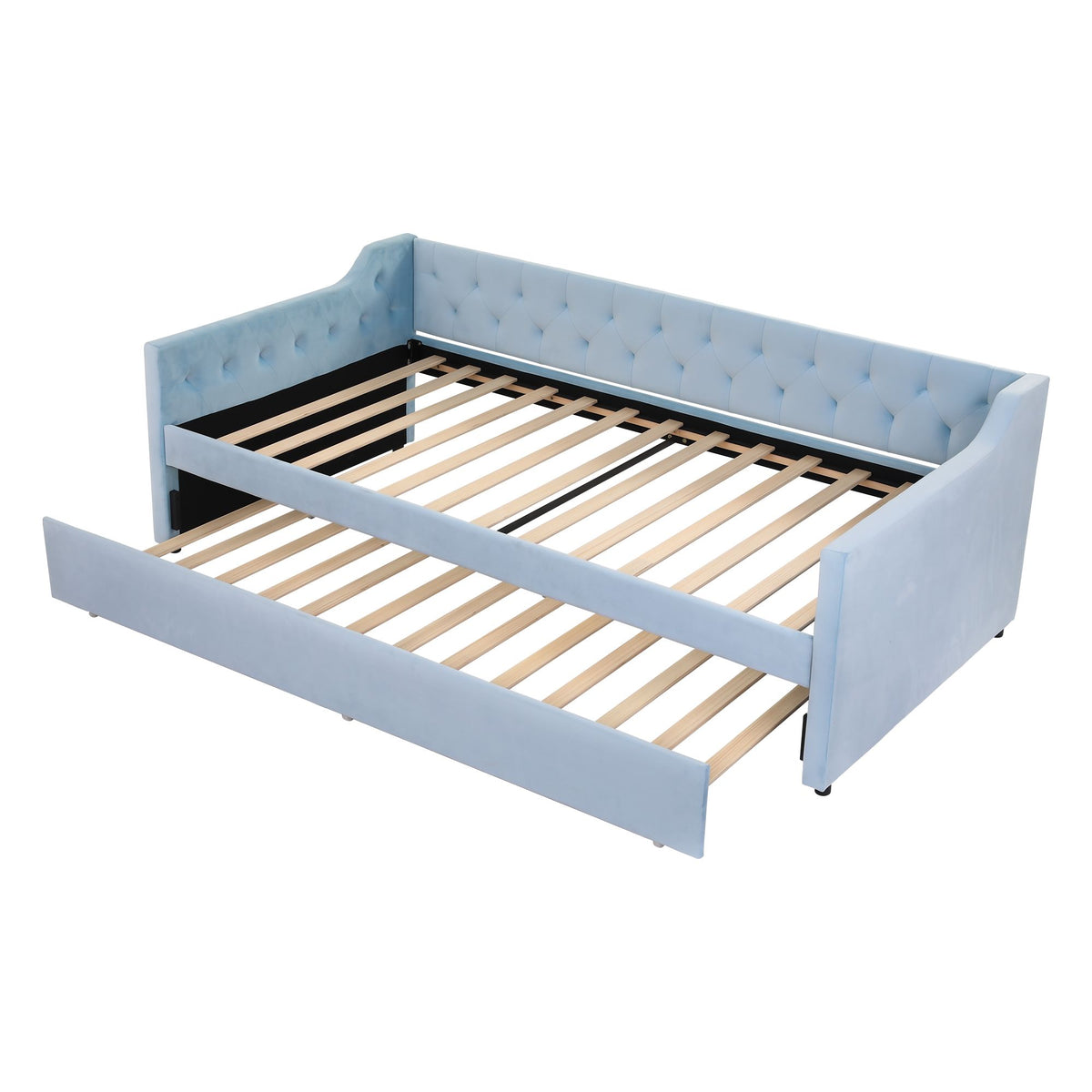 Artiss King Single Buttonless Tufted Daybed with Pull-Out Trundle, Light Blue - Homecoze